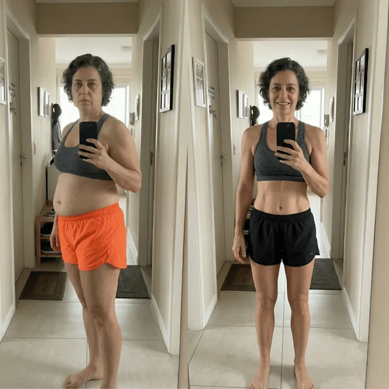 Antes e depois de uma mulher após os 50 anos com pilates em casa